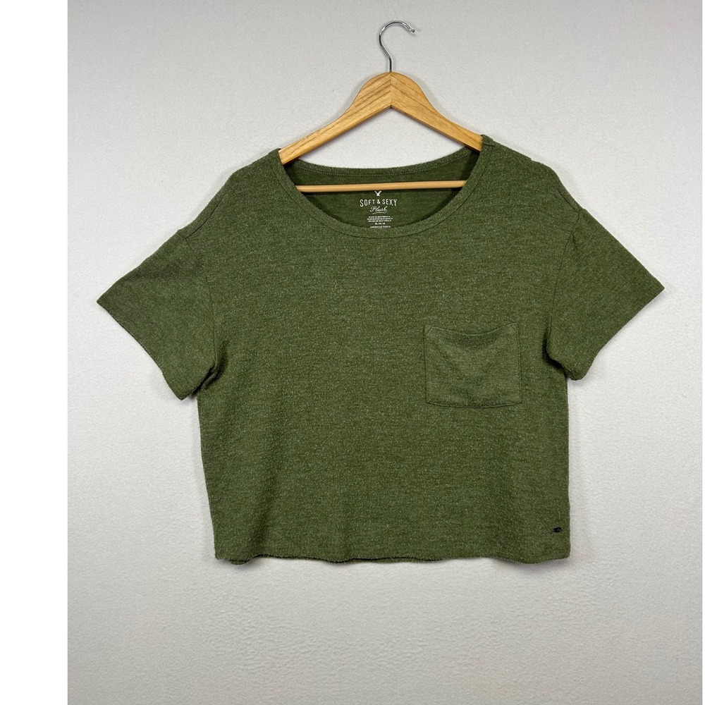 Gorpcore American Eagle Womens Medium Green Soft & Sexy Plush Cropped Pocket Tee